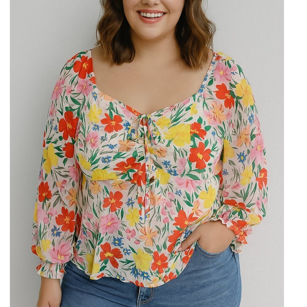 Perseption Concept Floral Chiffon Blouse Size Medium Ruffle Sleeve Top